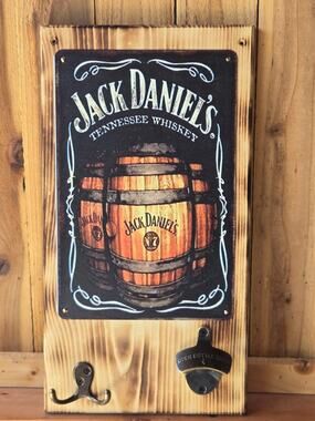 Jack Daniels Whiskey Sign Mounted on Solid Wood w/ Hook & Bottle Opener Handmade